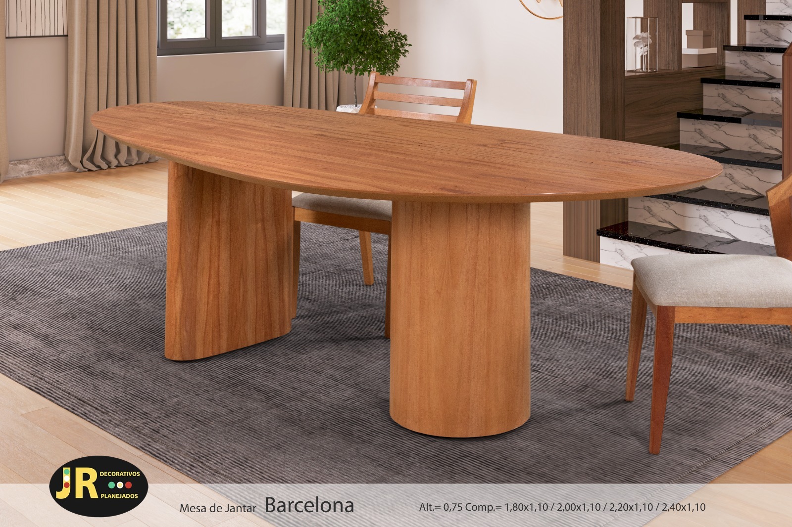 Mesa Barcelona — mesa de jantar oval em madeira maciça, fabricação própria JR Decorativos, Ubá MG