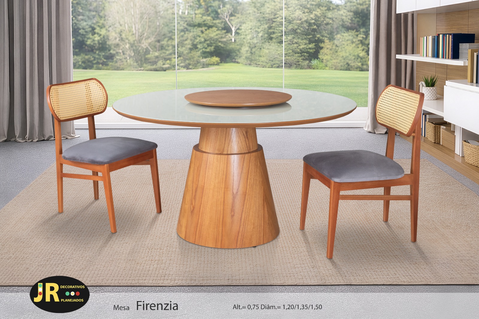 Mesa Firenzia — mesa de jantar redonda em madeira + vidro, fabricação própria JR Decorativos, Ubá MG