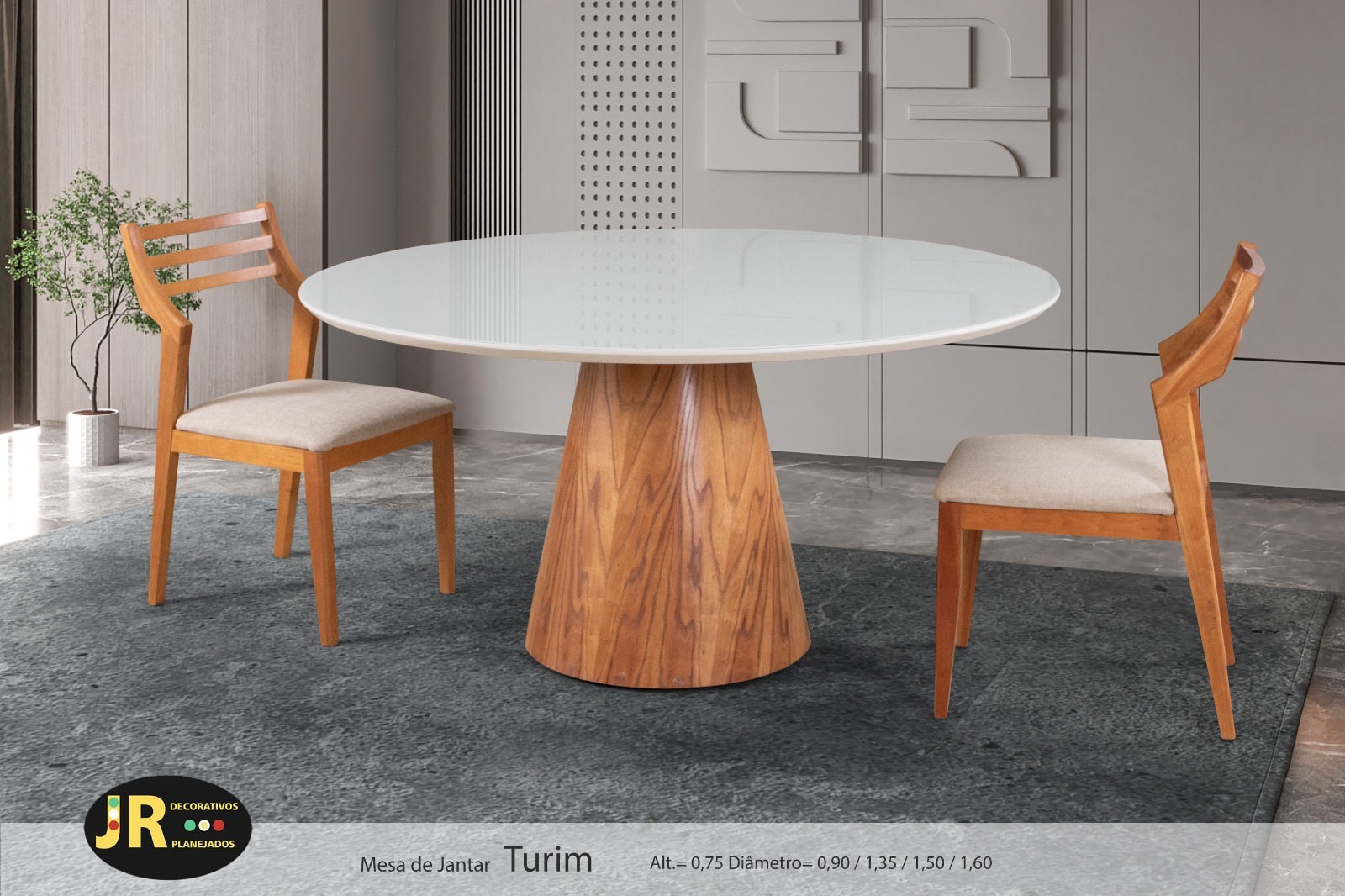 Mesa de Jantar Turim — mesa de jantar redonda em madeira + vidro, fabricação própria JR Decorativos, Ubá MG