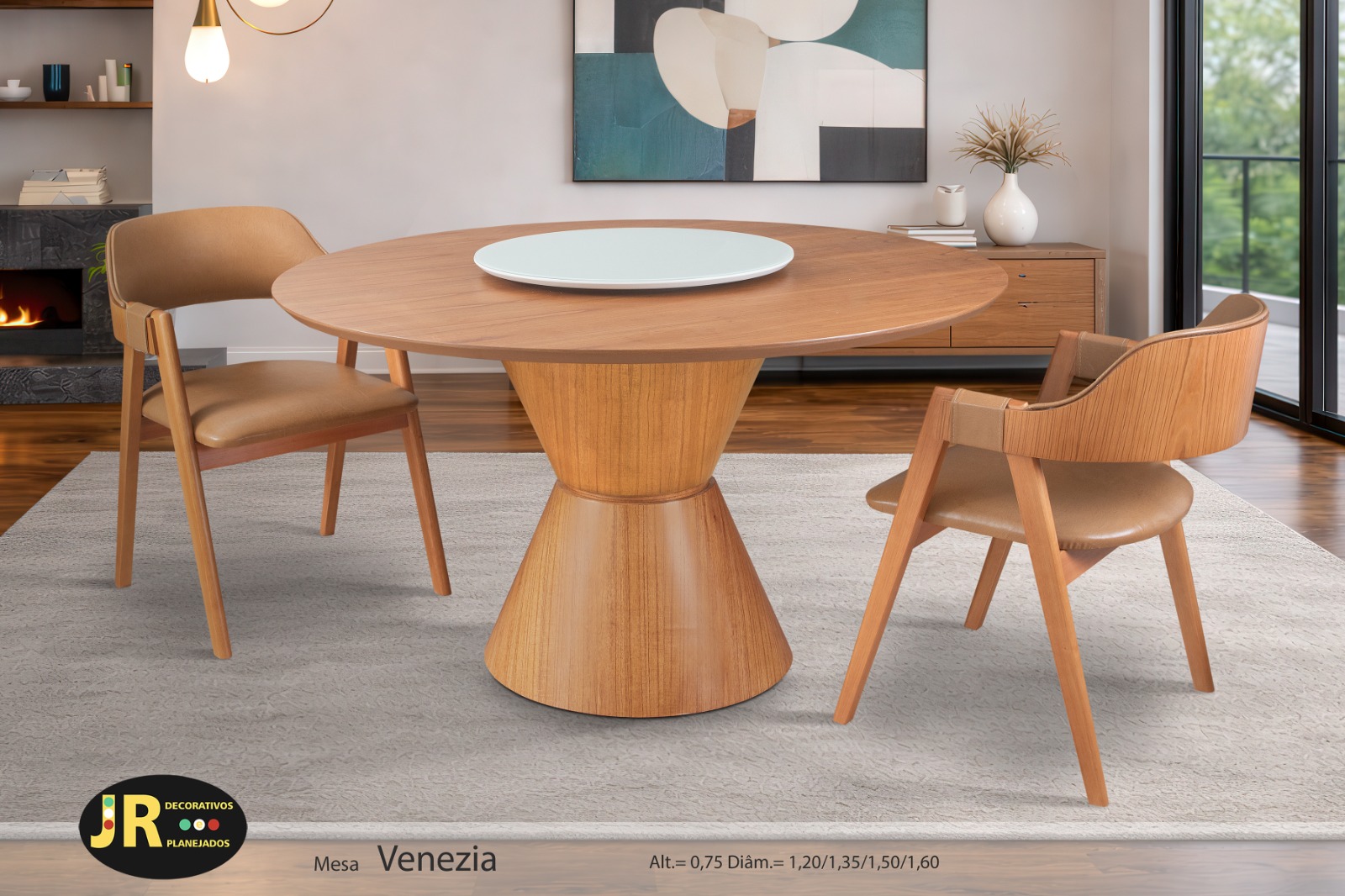 Mesa Venezia — mesa de jantar redonda em madeira + vidro, fabricação própria JR Decorativos, Ubá MG